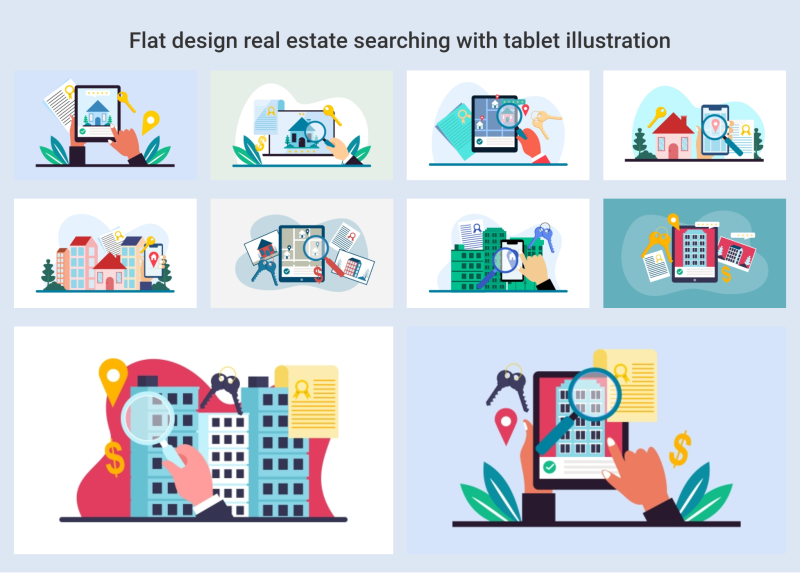 Flat design real estate searching with tablet 