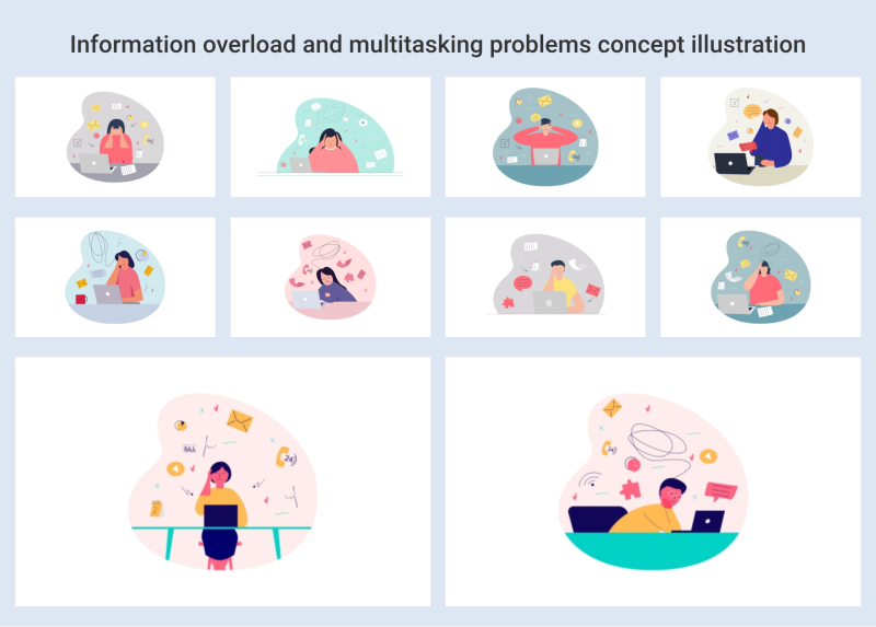 Information overload and multitasking problems concept illustration