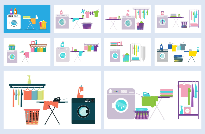Laundry room equipment. Laundry room, washing machine, basket, iron, ironing board, drying clothes,